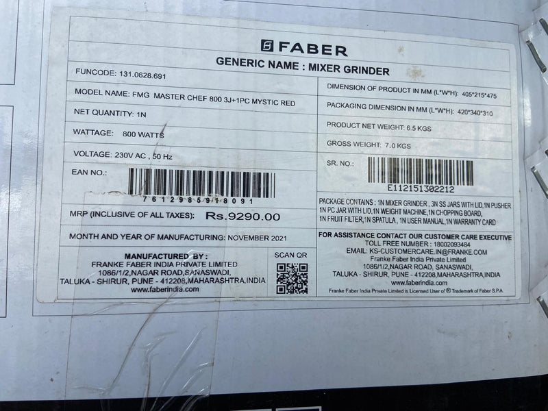 Faber 3 jar mixer grinder, 1000 watt (FMG Master Chef 1000 3J +1 Pcs Mystic Red