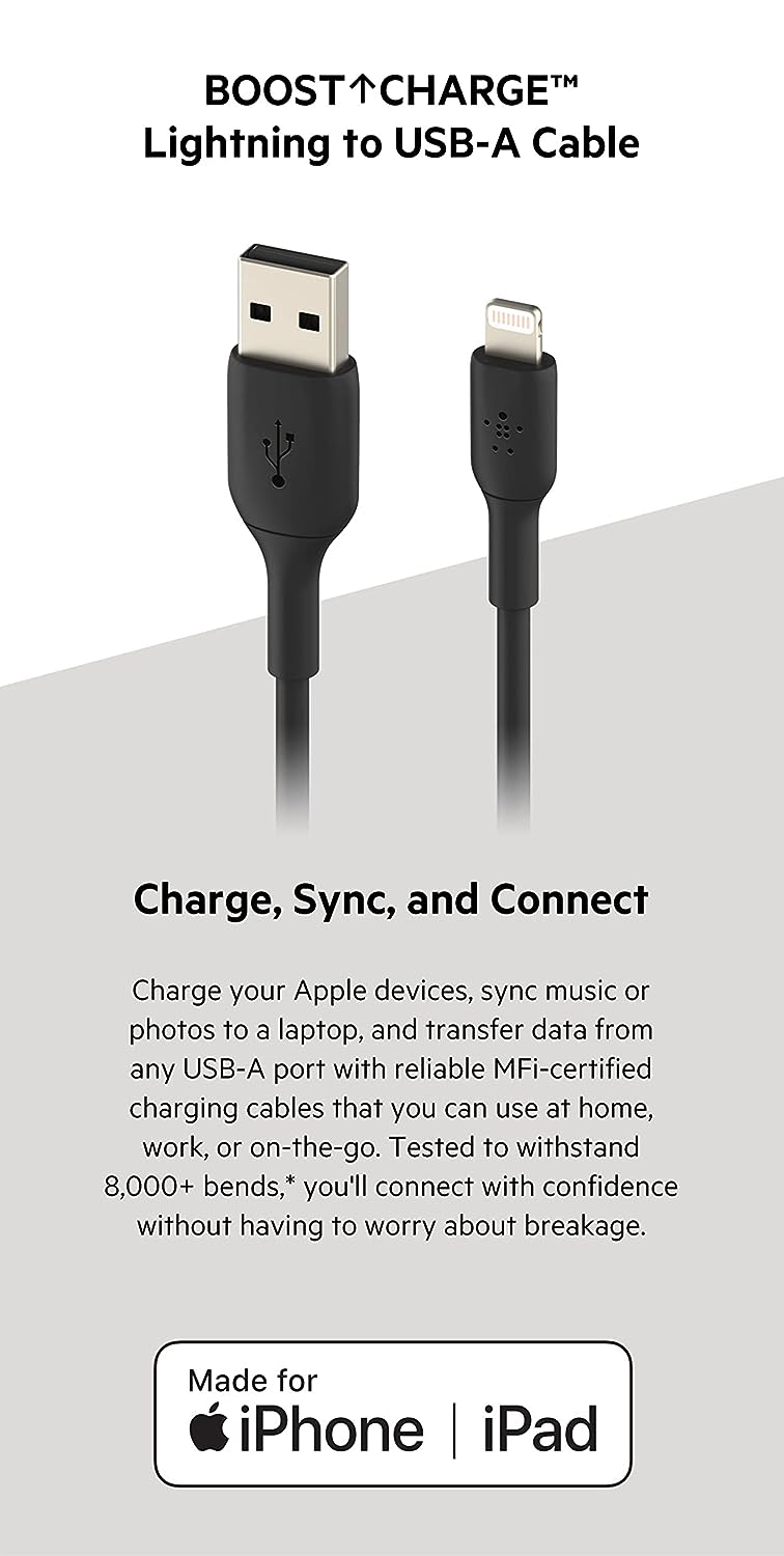 Belkin Apple Certified PVC Lightning to USB-A Charge and Sync Type A Cable, Tough and Durable, For iPhone, iPad, Air Pods, 3.3 Feet (1 Meter) - Black
