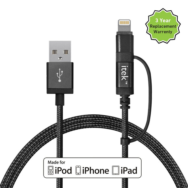 Itek CBL013-BK 2-in-1 USB to Micro USB, Lightning Rapid Charge Cable, Black