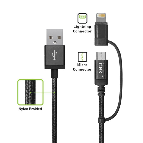 Itek CBL013-BK 2-in-1 USB to Micro USB, Lightning Rapid Charge Cable, Black