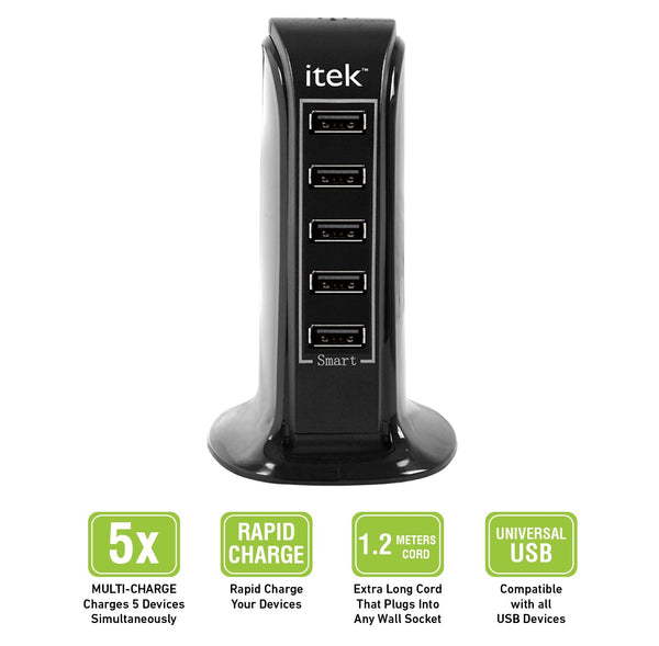 Itek WCH005 5 Port USB Desktop Wall Charging Multi Ports Rapid Adapter (Black)