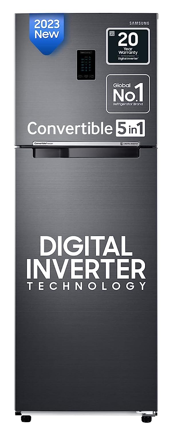 Samsung 322 L 2 Star Convertible 5-in-1 Digital Inverter with Display Frost Free Double Door Refrigerator (RT37C4512BX/HL, Luxe Black, 2023 Model)