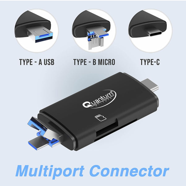 QUANTUM OTG Card Reader and Hub with Type-C, USB & Micro USB Ports | Portable Memory Card Reader Supports USB Drives, TF, SD, Micro SD Cards QHM6570