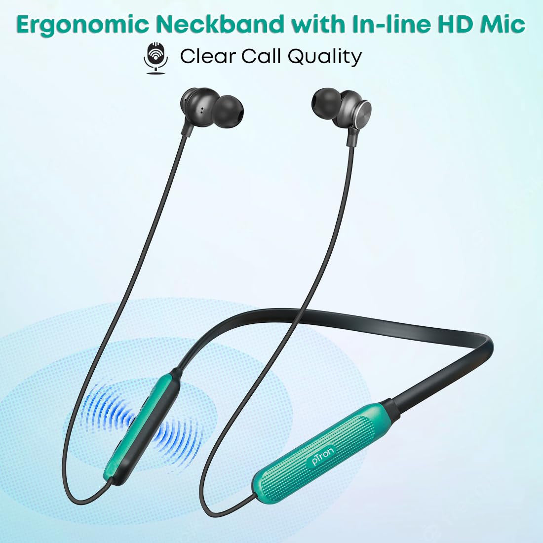 pTron InTunes Classic Bluetooth 5.2 Wireless in-Ear Headphones with Mic, 24H Playback, 13mm Driver, Fast Charging Type-C Neckband, Dual Pairing, Voice Assist & IPX4 Water Resistant (Jet Black/Green)