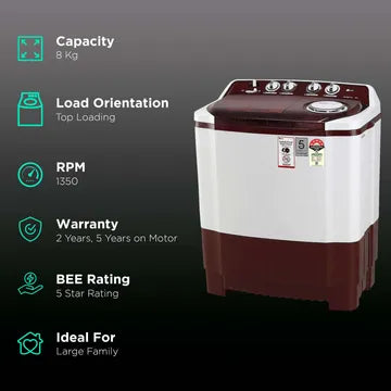 LG 8 kg 5 Star Semi Automatic Washing Machine with Lint Filter (P8035SRAZ.ABGQEIL, Burgundy)