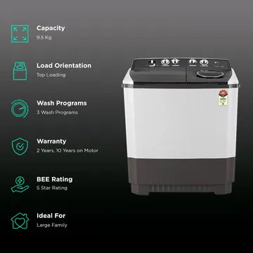 LG 9.5 kg 5 Star Semi Automatic Washing Machine with Roller Jet Pulsator (P955ASGAZ.ADGQEIL, Dark Grey)