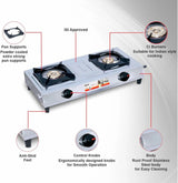 Inalsa Excel Stainless Steel 2 Burner Gas Stove, Manual Ignition, Silver /Black