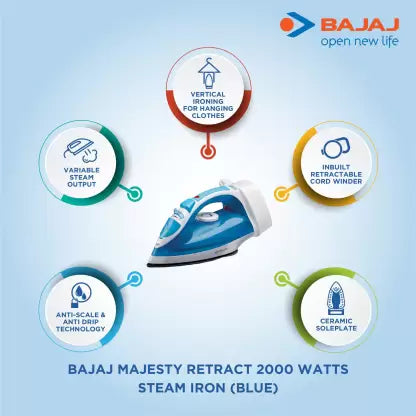 BAJAJ Majesty Retract 2000 W Steam Iron (Blue, White) Brand New Seal Packed