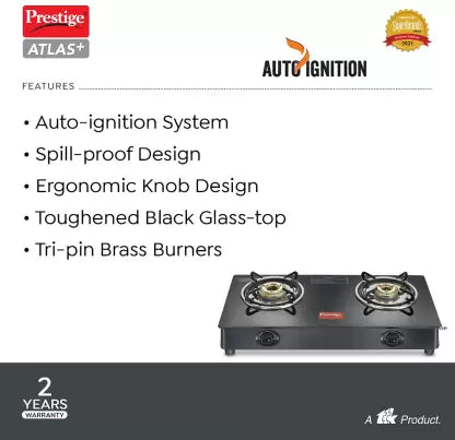 Prestige Atlas Plus High Effient Brass burner & Toughened Glass Automatic Gas Stove