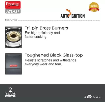 Prestige Atlas Plus High Effient Brass burner & Toughened Glass Automatic Gas Stove