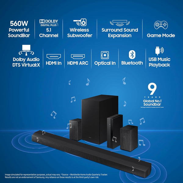 Samsung Soundbar with Dolby 5.1ch, Built-in Center Firing Speakers & Subwoofer (HW-B670/XL) (Black)