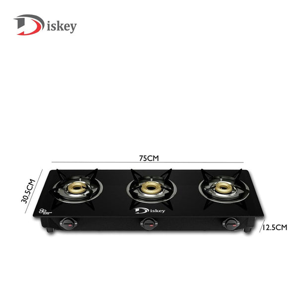 Diskey 3-Burner Gas Stove Top - Modern Glass Cooktop for Kitchen (3 Burner)