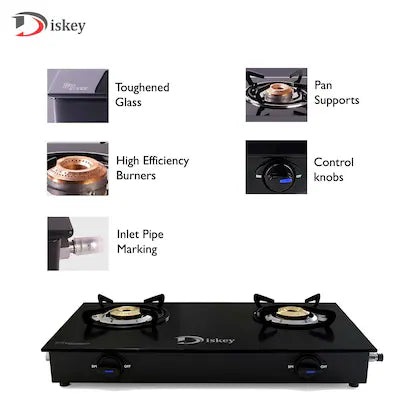 Diskey Gas Stove Top - Modern Glass Cooktop for Kitchen (2 Burner)