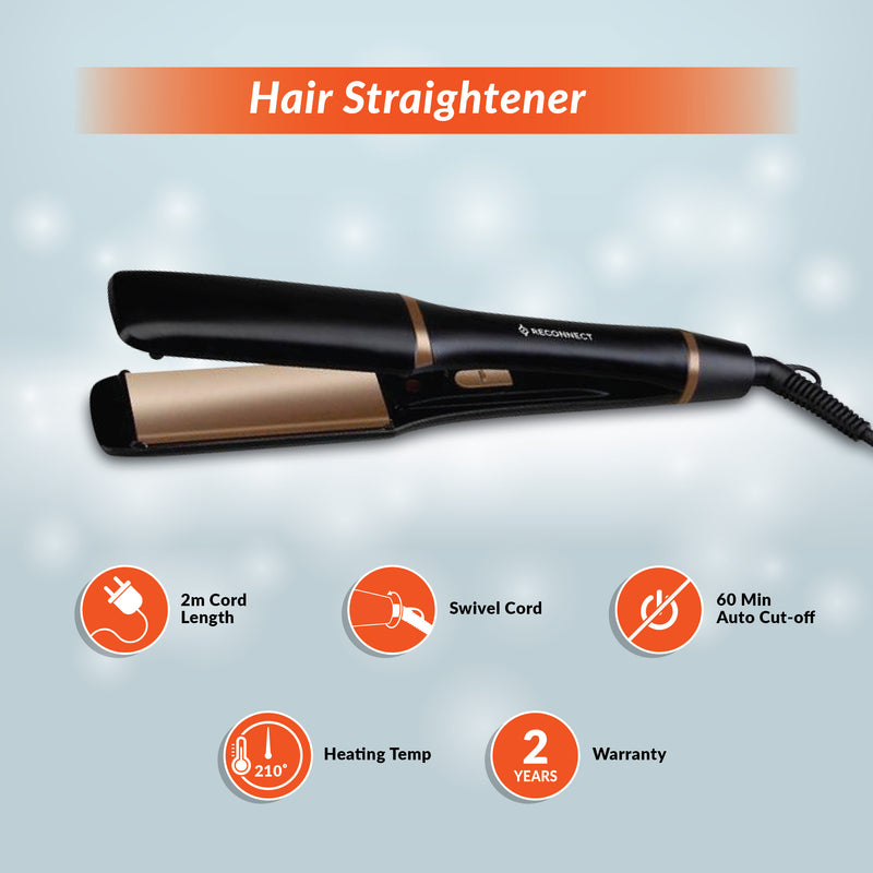 Reconnect Hair Straightener with wide ceramic plates, 210 degree heating temp, 60 min auto cut off (Black)
