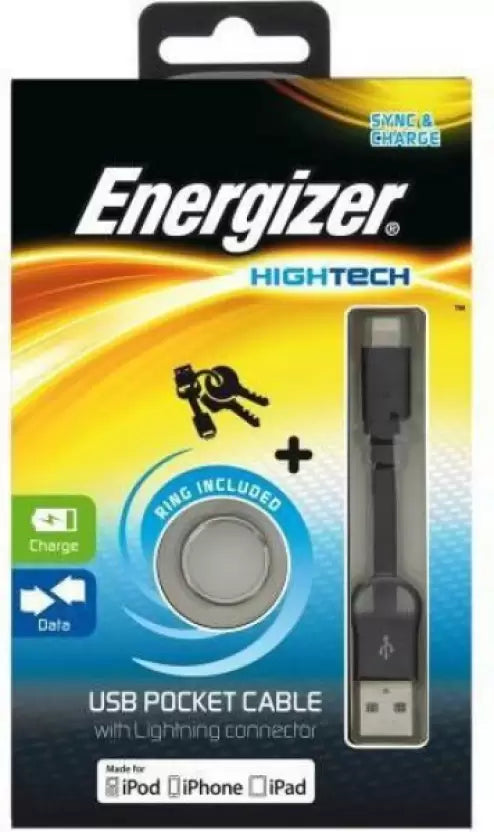 Energizer Micro USB Cable 0.08 m Energizer Hightech USB Pocket Lightning Cable.  (Compatible with iPod, iPhone, iPad, Black)