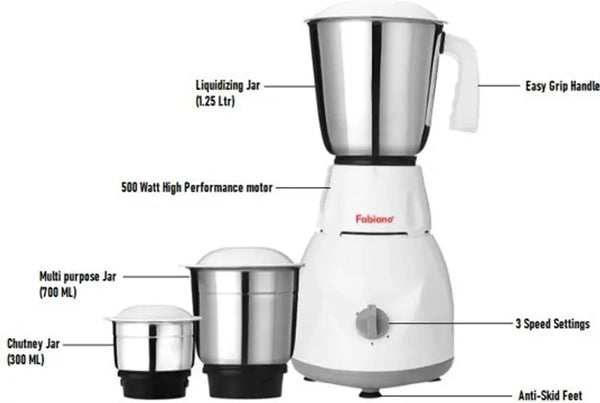 Fabiano 500W Mixer Grinder (White & Grey, 3 Jars)