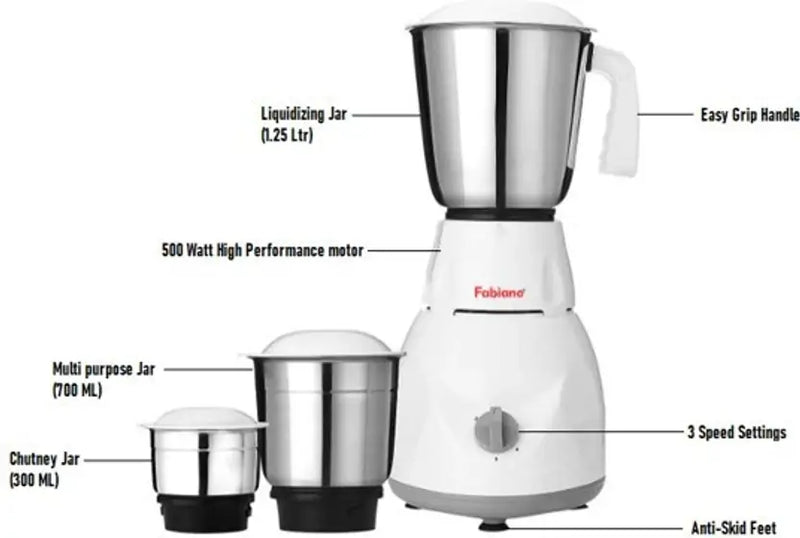 Fabiano 500W Mixer Grinder (White & Grey, 3 Jars)