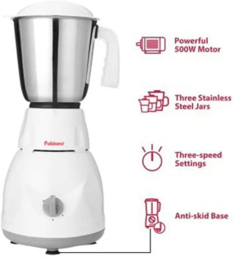 Fabiano 500W Mixer Grinder (White & Grey, 3 Jars)