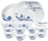 Larah by Borosil Pack of 33 Opalware present Borosil Blue Cascade 33 pcs Opal Glass dinner set (Dinner plate 11"(6pcs),Quarter plate (6 pcs),Oval platter (1 Pcs),Veg bowl (6 Pcs),Soup Bowl (6 pcs),Spoon (6 pcs),Serving bowl medium (2Pcs) Dinner Set Blue