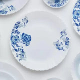 Larah by Borosil Pack of 33 Opalware present Borosil Blue Cascade 33 pcs Opal Glass dinner set (Dinner plate 11"(6pcs),Quarter plate (6 pcs),Oval platter (1 Pcs),Veg bowl (6 Pcs),Soup Bowl (6 pcs),Spoon (6 pcs),Serving bowl medium (2Pcs) Dinner Set Blue