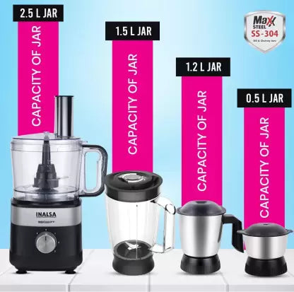 INALSA Food Processor For Kitchen With Mixer Grinder Juicer|1000 W Copper Motor|2.5L Processing Jar|Chopping,Kneading Blade|Citrus Juicer|Shredding,Slicing,Whisker&French Fries Cutter (Inox 1000 Pro)