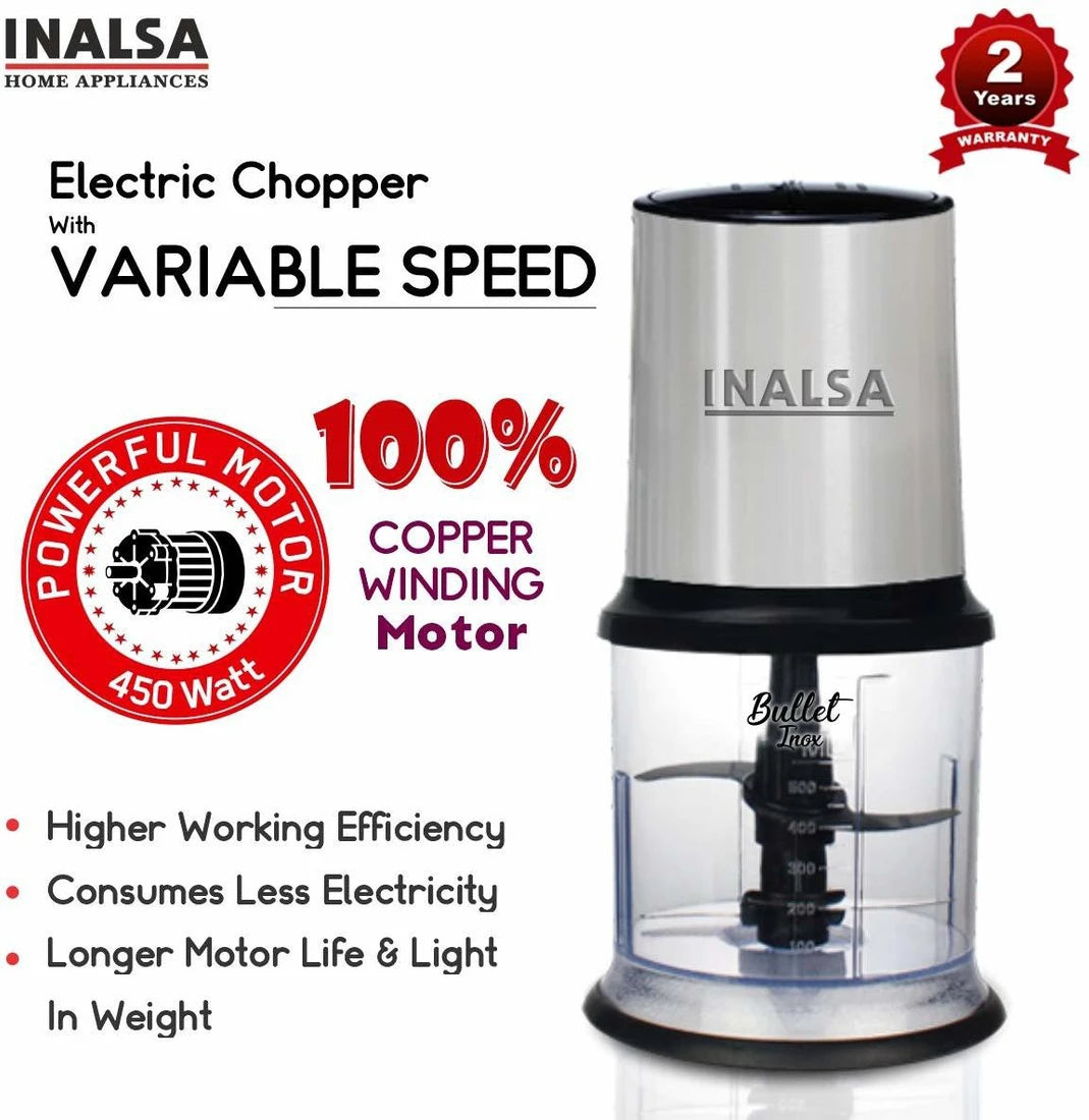 INALSA Electric Chopper Bullet-400 Watts with 100% Pure Copper Motor|Fast Chopping| Twin Blade Technology|0.5 l Capacity| One Touch Operation, 1.30mtr Long Power Cord,Black (Jiff)