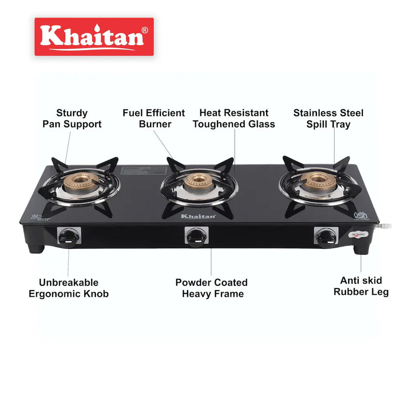 KHAITAN 3 BURNER GLASS GAS STOVE