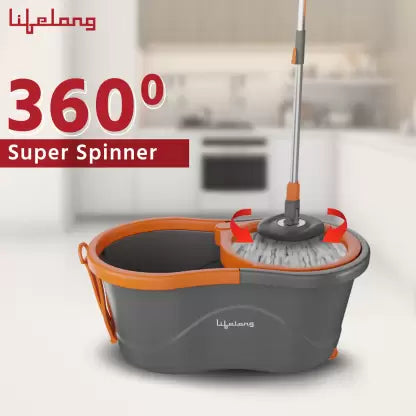 Lifelong Plastic Spin Floor Mop Set With Bucket & 360 Degree Spinner, Microfiber Refills Mop Set