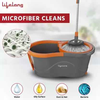 Lifelong Plastic Spin Floor Mop Set With Bucket & 360 Degree Spinner, Microfiber Refills Mop Set