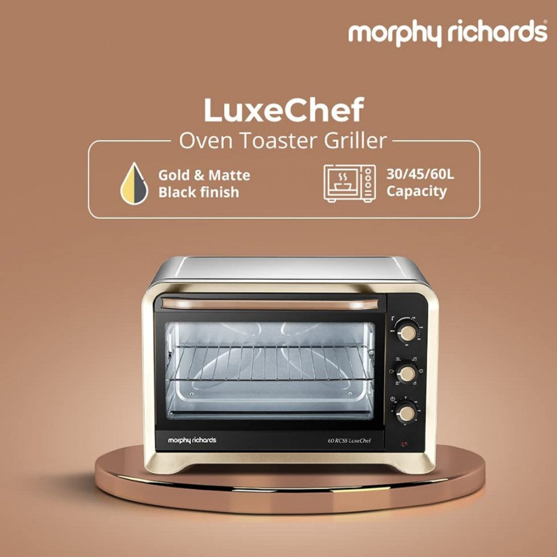 Morphy Richards RCSS LuxeChef 45 Litres Oven Toaster Griller (OTG) with Illuminated Chamber, Stainless Steel Body, Gold Matte Black