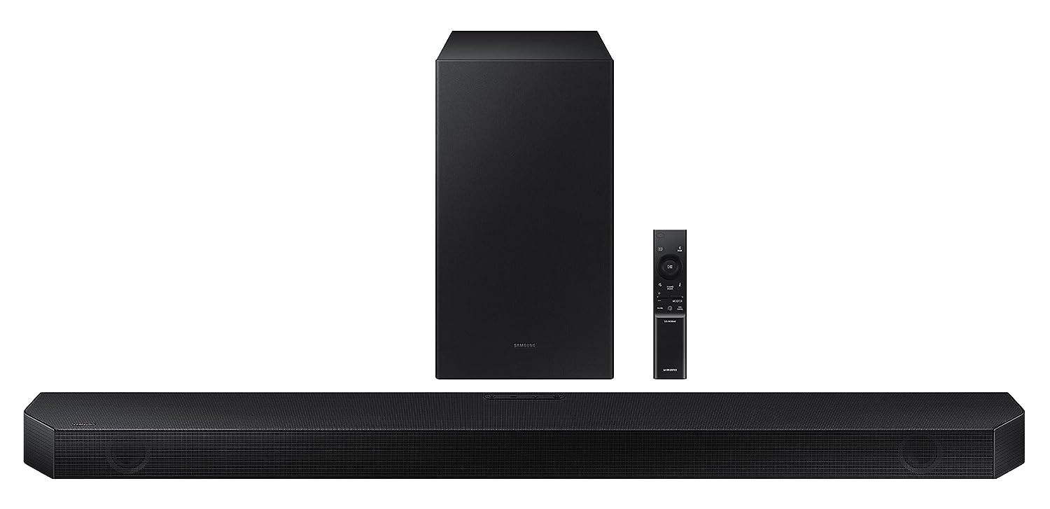 Samsung Q-Symphony Soundbar (HW-Q600B/XL), USB, Bluetooth with 3.1.2 Channel, Wireless Subwoofer, and 2 Up-Firing Speakers, Dolby Atmos Music (Black)