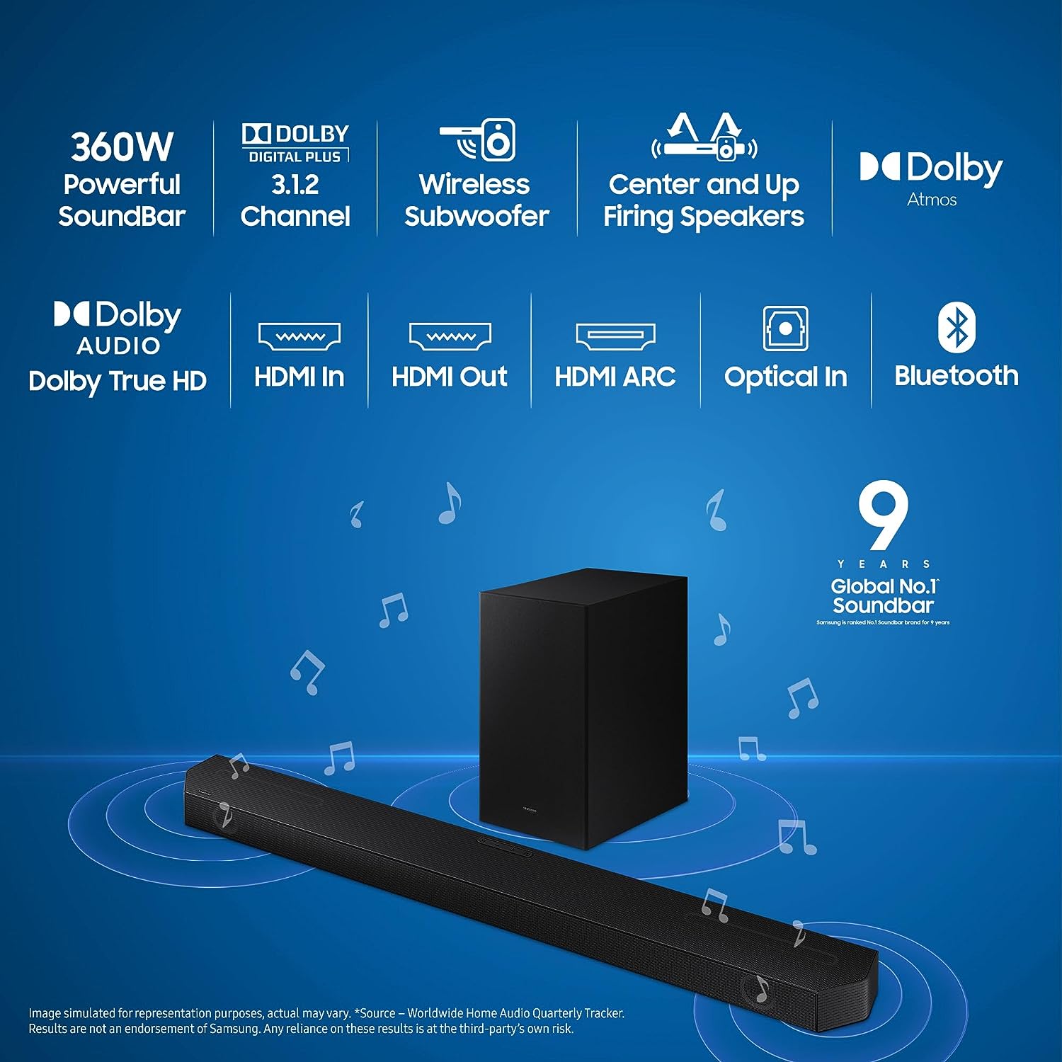 Samsung Q-Symphony Soundbar (HW-Q600B/XL), USB, Bluetooth with 3.1.2 Channel, Wireless Subwoofer, and 2 Up-Firing Speakers, Dolby Atmos Music (Black)