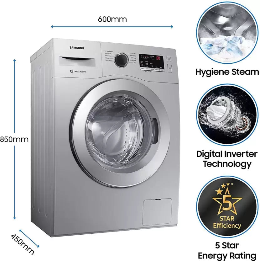 SAMSUNG 6 kg Inverter, 5 star, Hygiene Steam, Digital Inverter Fully Automatic Front Load Washing Machine with In-built Heater Silver (WW60R20GLSS/TL)