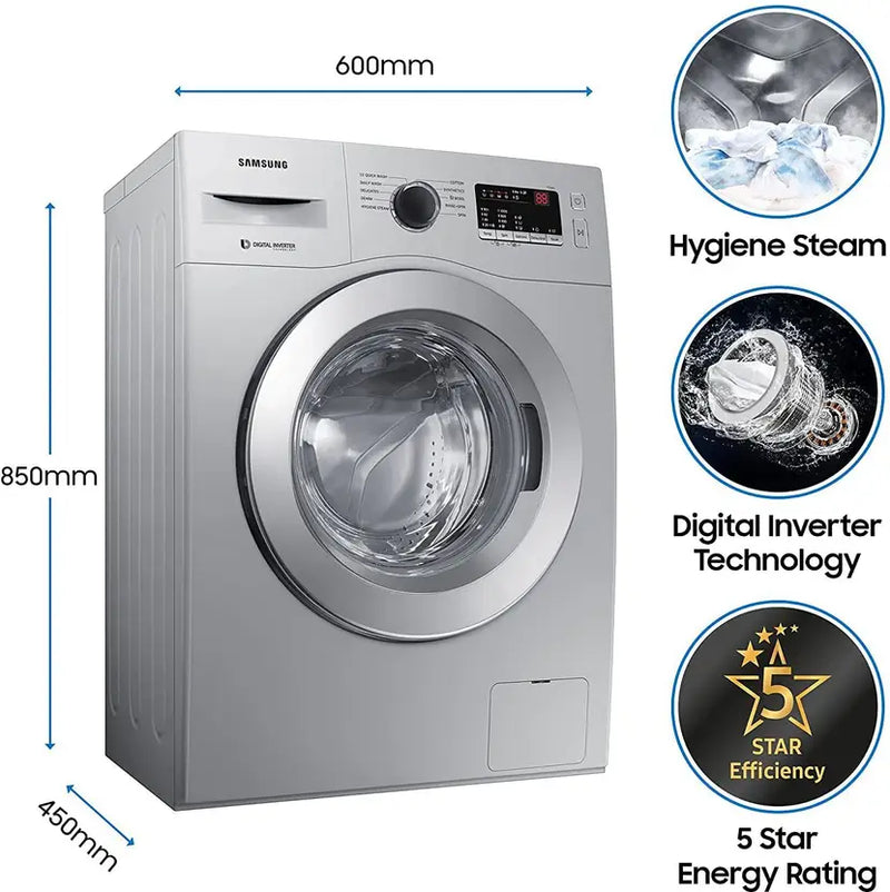 SAMSUNG 6 kg 5 Star With Hygiene Steam and Ceramic Heater Fully Automatic Front Load with In-built Heater Silver (Touched Up)