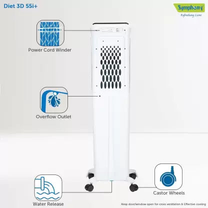 Symphony 55 L Tower Air Cooler with 3-sided Honeycomb Cooling Pads,SMPS Technology,Magnetic Remote