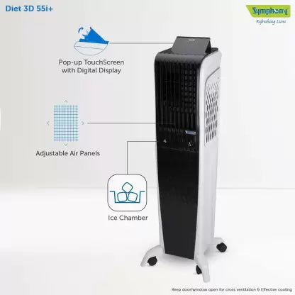 Symphony 55 L Tower Air Cooler with 3-sided Honeycomb Cooling Pads,SMPS Technology,Magnetic Remote