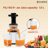 Faber Cold Press Slow Juicer FSJ 150 R, 150W, fruits, vegetables and leafy greens juicing, nut milk extraction, multiple juices at one touch||150W||2 year warranty || 60 RPM slow juice motor, Black