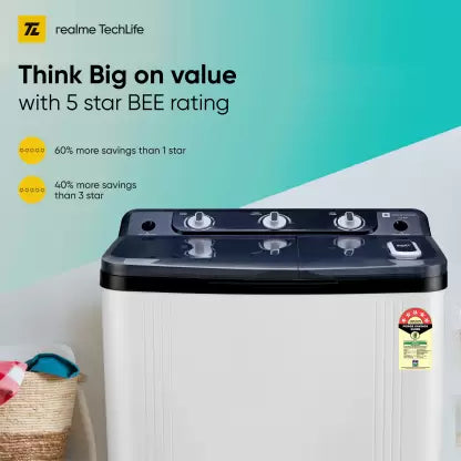realme TechLife 7 kg 5 Star rating Semi Automatic Top Load Washing Machine White, Black