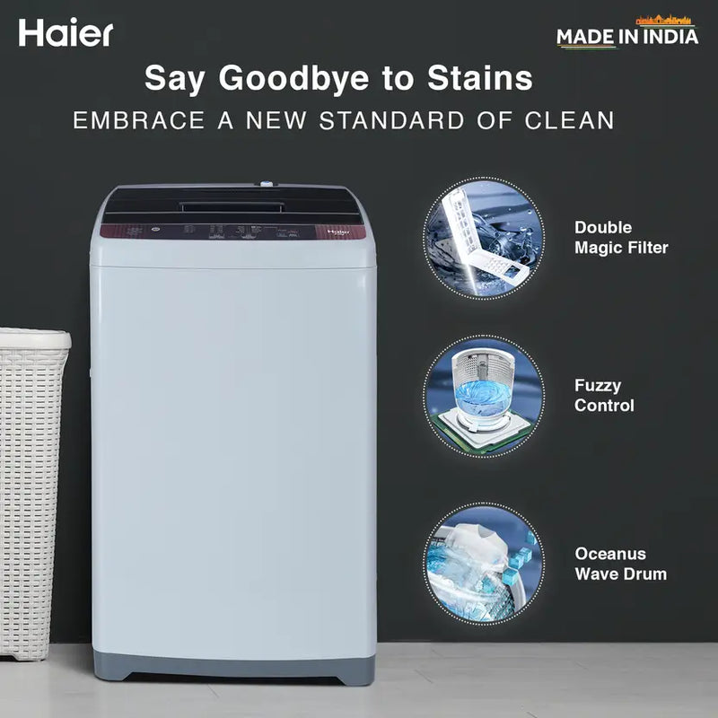 Haier 8 Kg 5 Star Fully Automatic Top Load Washing Machine with Oceanus Wave Drum, Magic Filter, 8 Wash Programs (HWM80-AE, Titanium Grey, Stainless Steel Drum, 15 Mins Quick Wash)