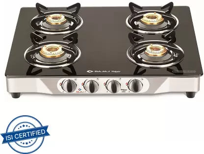 Bajaj CGX4, 4-Burner Stainless Steel & Glass, ISI Certified, Gas Stove (Black, Manual)