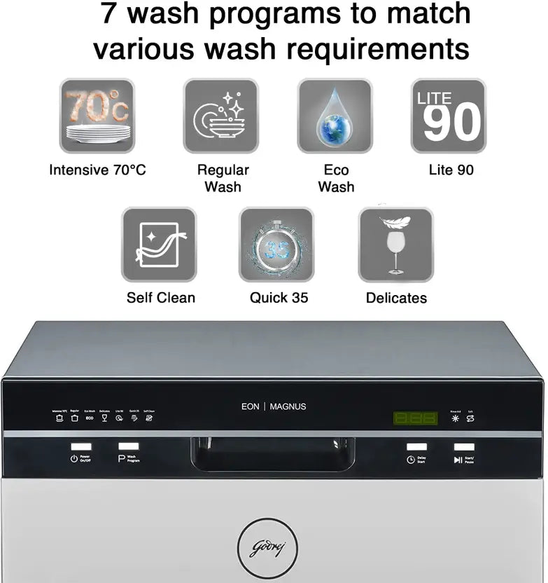 Godrej Eon Dishwasher | 8 Place Setting Counter-Top | Compact with an In-built heater (DWT EON MGNS 8C NF SKSL, Silky Silver) | Perfect for Indian kitchens and smaller families