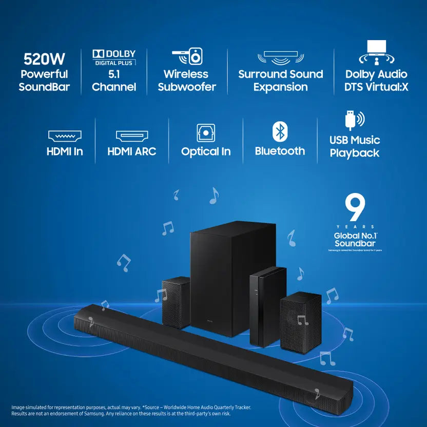 Samsung Soundbar (HW-B67E/XL) 5.1 Channel, Wireless Subwoofer, 1x Wireless Rear Speaker, 1x Center Speaker and Energy Star, Dolby 5.1ch & DTS Virtual X Experience Sound (Black)