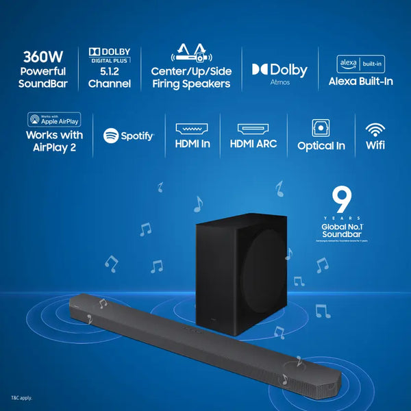Samsung 360 W 5.1.2ch (HW-Q800C/XL) Q-Symphony Soundbar with Wireless Subwoofer, Top/Centre/Side Firing Speakers, Wide Range Tweeter, Dolby Atmos, Built-in Alexa, AirPlay2, Wi-Fi (Black)