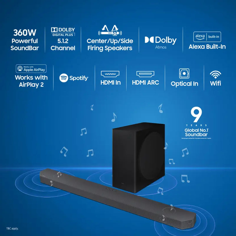 Samsung 360 W (HW-Q800C/XL) Q-Symphony Soundbar with Wireless Subwoofer, Top/Centre/Side Firing Speakers, Wide Range Tweeter, Dolby Atmos,