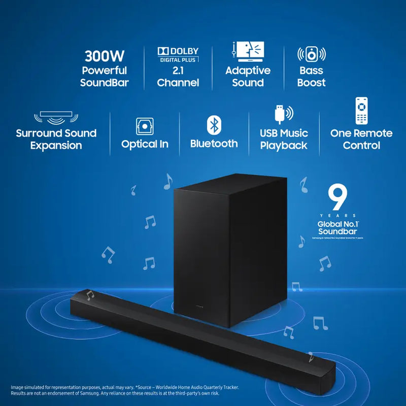 Samsung HW-C45E/XL, Dolby Digital with Wireless Subwoofer, Poweroutput 300 W Bluetooth Soundbar (Black, 2.1 Channel)