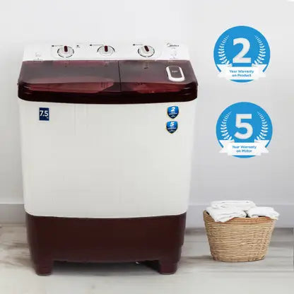 Midea 7.5 KG Semi Automatic Top Loading Washing Machine, Rust proof Body, Air Dry Function with 1300 RPM (MWMSA075PPG, Maroon White)