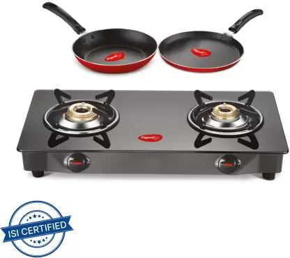 Pigeon Combo - Brunet Cooktop + Flat tawa 250 + Fry Pan 240 Glass Manual Gas Stove 2 Burner