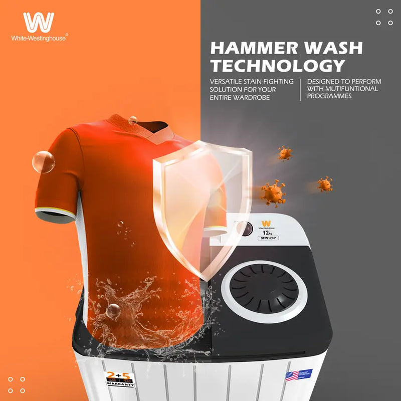 White Westinghouse 12 KG Toughned Glass Semi Automatic Washing Machine with Hammer Wash Technology (SFW1200, white & black, Hammer Wash Technology)