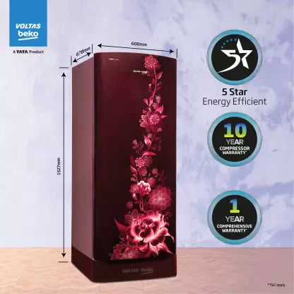 Voltas Beko by A Tata Product 183 L Direct Cool Single Door 5 Star Refrigerator with Base Drawer (Vivi Wine, RDC215A / W0VWR0M0B00GO)