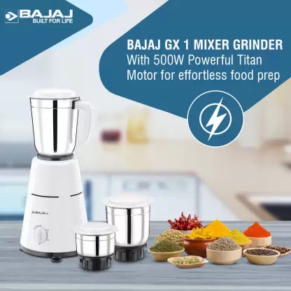 BAJAJ GX 1 500 W Juicer Mixer Grinder (3 Jars, White)